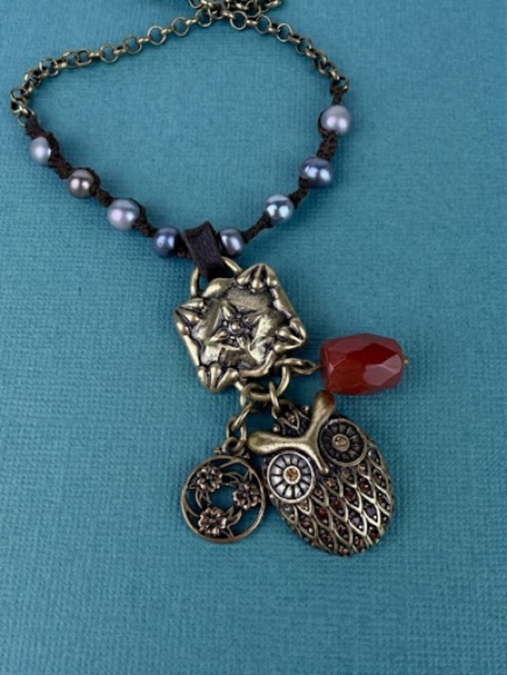 Lucky Brand Boho Brass Owl Medallion Charm Necklace Grey Pearls Carnelian